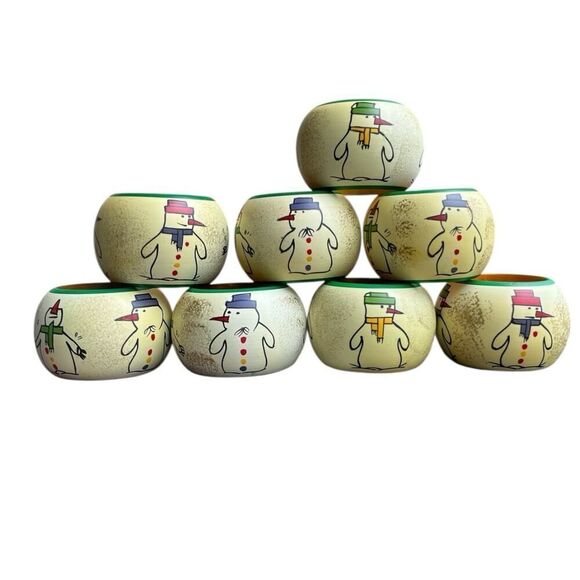 Hand painted Wooden Snowman Napkin Rings Christmas Winter Set of 8 - Picture 1 of 3
